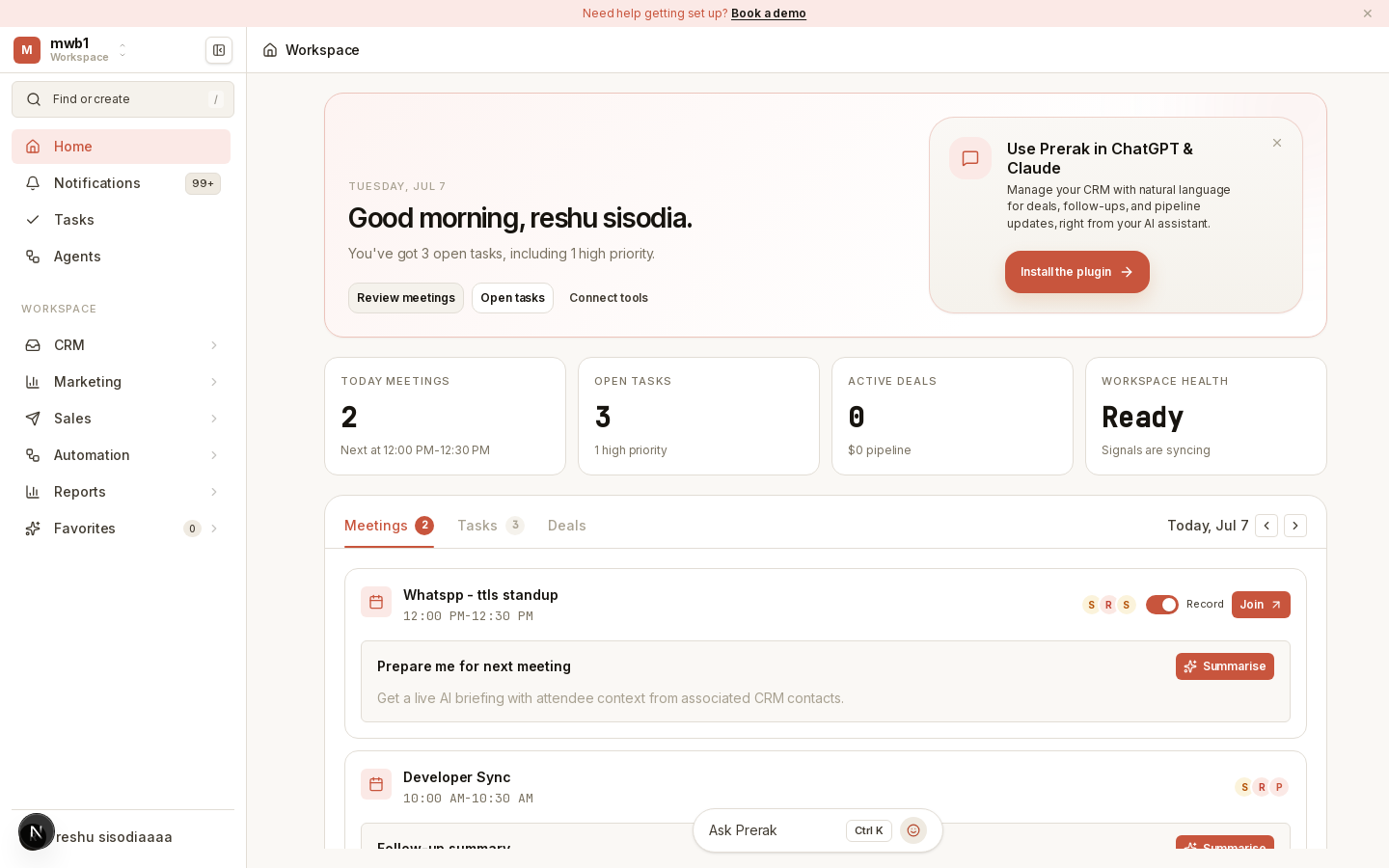 Home dashboard
